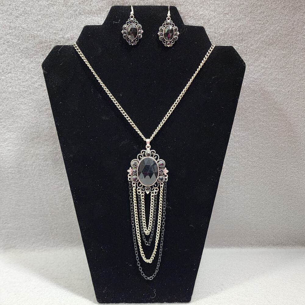 Clair's Black Silver Gothic Victorian Inspired Pendant Necklace & Earring Set